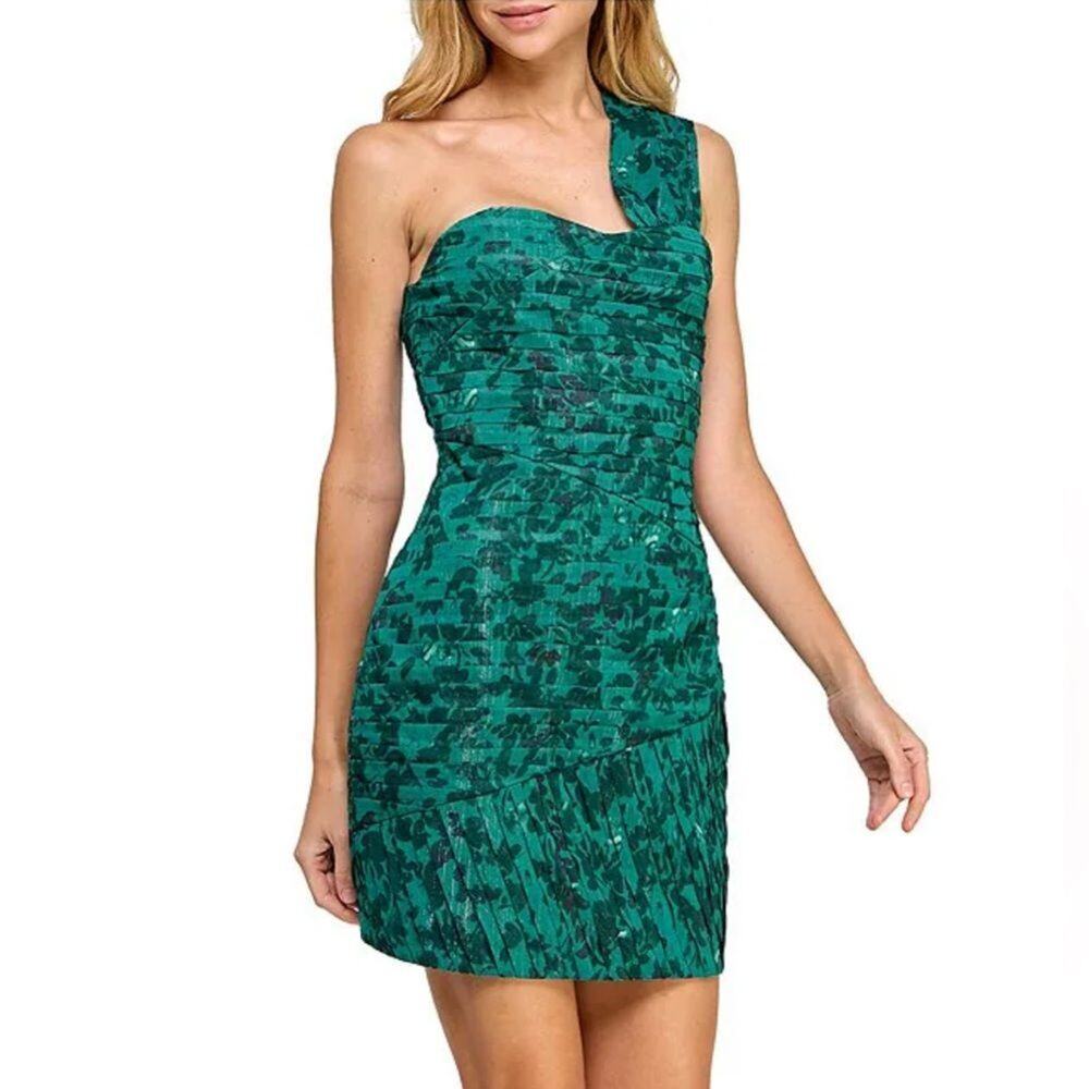 Layered With Love $158 Gina Floral Chiffon Lurex Strip Teal Green Mini Dress M